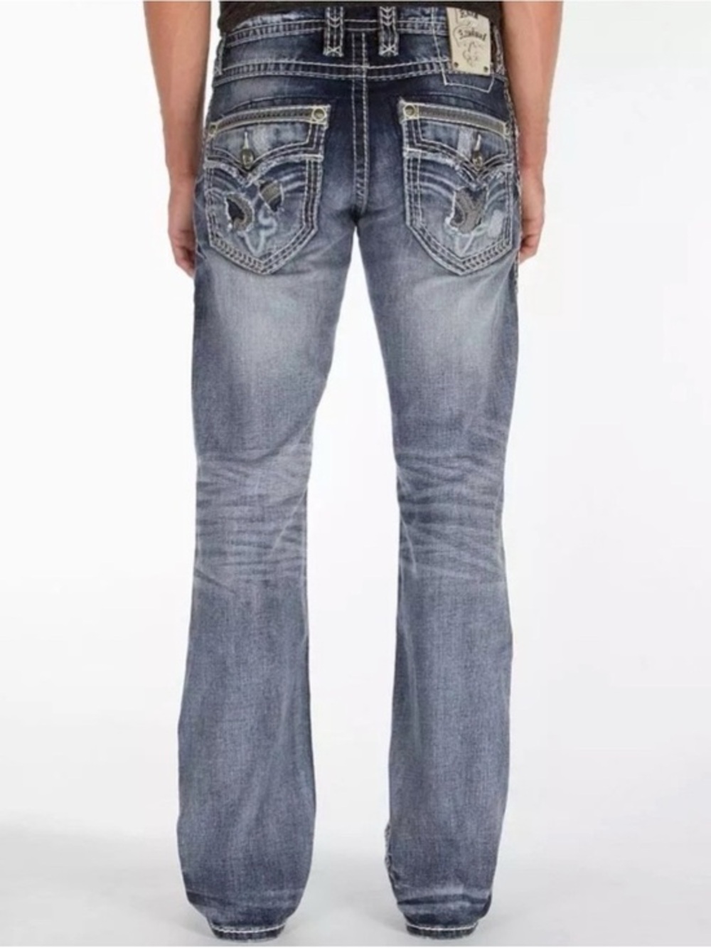 Rock Revival Men's Faded Blue Embroidered Bootcut Jeans